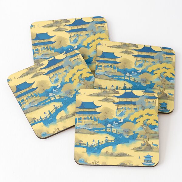 Item preview, Chinoiserie landscape in blue and yellow designed and sold by SophieClimaArt.