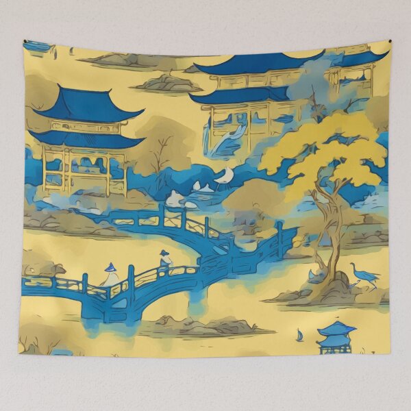 Artikelvorschau, Chinoiserie-Landschaft in Blau und Gelb entworfen und verkauft von SophieClimaArt.
