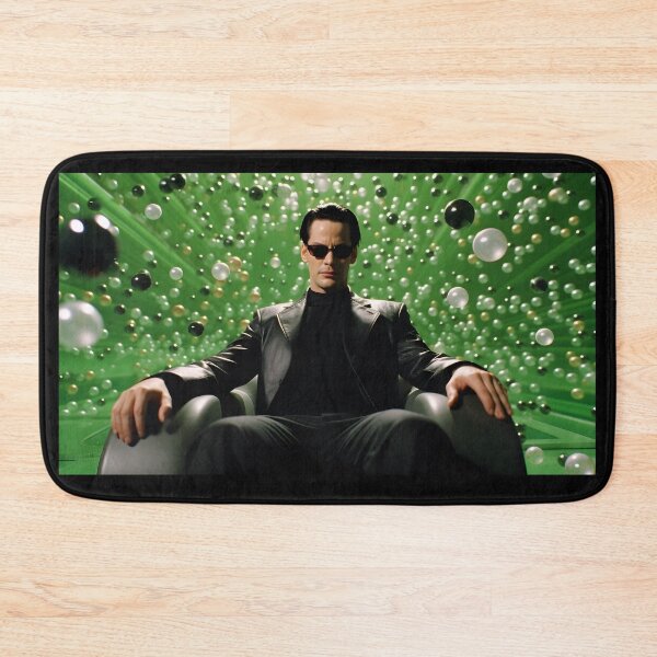 Item preview, Thomas 'Neo' Anderson in black leather sitting in a dignified pose in a chair in the style of spectacular backdrops designed and sold by AI-Only Creations.