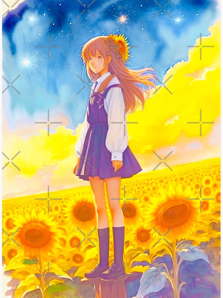 Anime girl with a straw hat in a sunflower field Poster for Sale