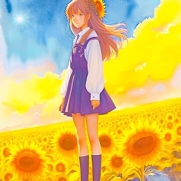 Anime girl with a straw hat in a sunflower field Tote Bag for