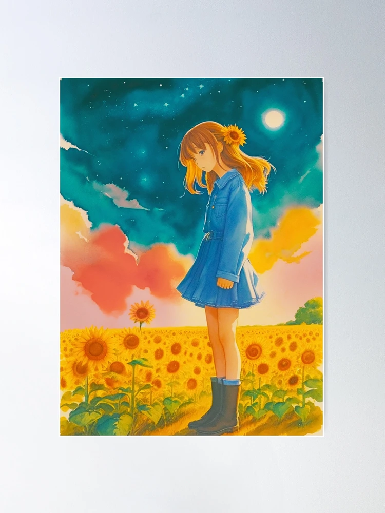 Anime girl with a straw hat in a sunflower field Poster for Sale