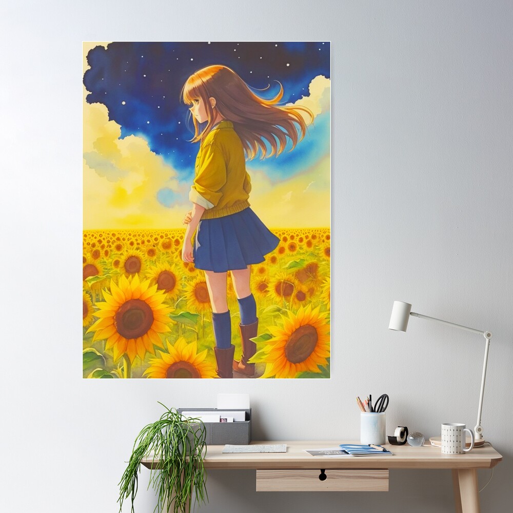 Anime style illustration of megurine luka in a sunflower field on Craiyon
