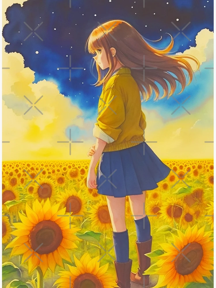 Anime girl with a straw hat in a sunflower field Poster for Sale