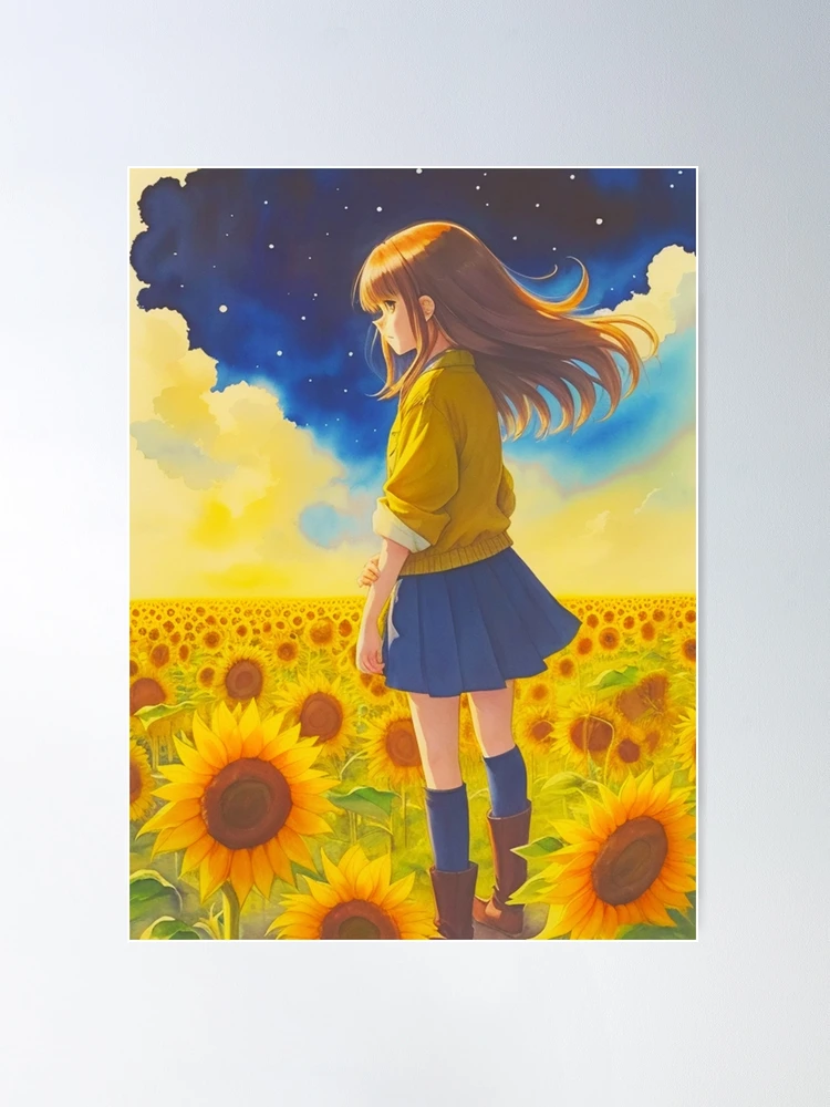 Anime girl with a straw hat in a sunflower field Tote Bag for