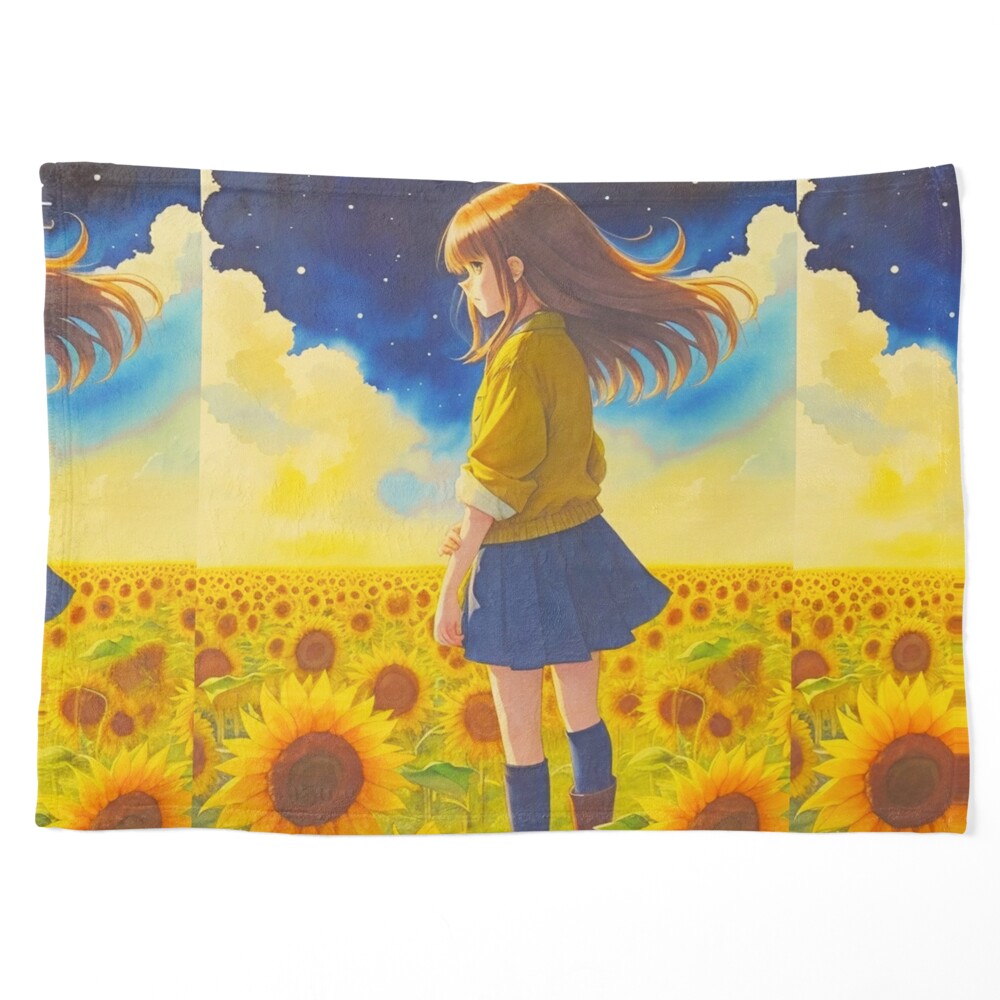 Anime girl with a straw hat in a sunflower field Poster for Sale