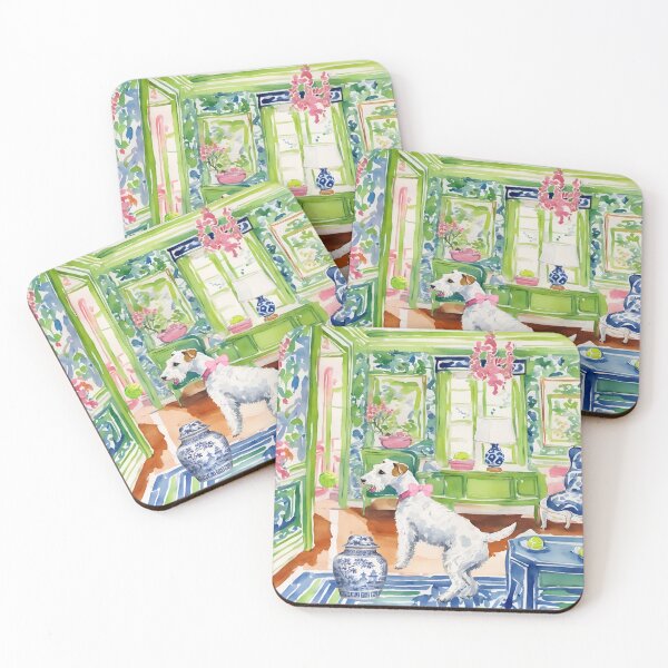 Item preview, White terrier playing ball in chinoiserie interior designed and sold by SophieClimaArt.