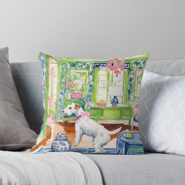 Item preview, White terrier playing ball in chinoiserie interior designed and sold by SophieClimaArt.