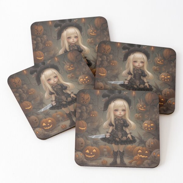 Item preview, Creepy Cute, Goth Art Girl, with Knife and Evil Pumpkins designed and sold by Art.Fusion.Studio.