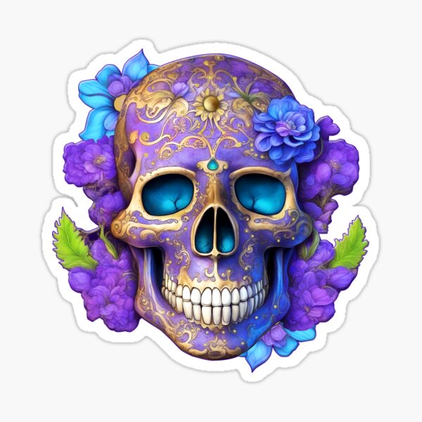 Day of the Dead Skull with Yellow and Blue Flowers