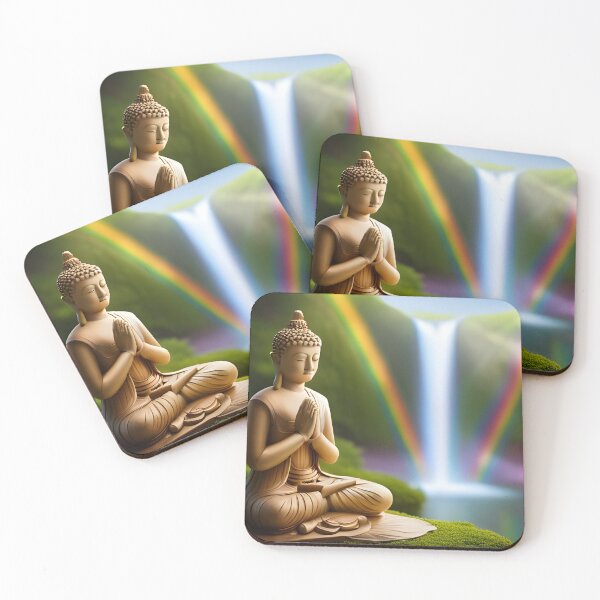 Item preview, A serene Buddha meditates/prays next to a rainbow waterfall designed and sold by Zen-Hues.