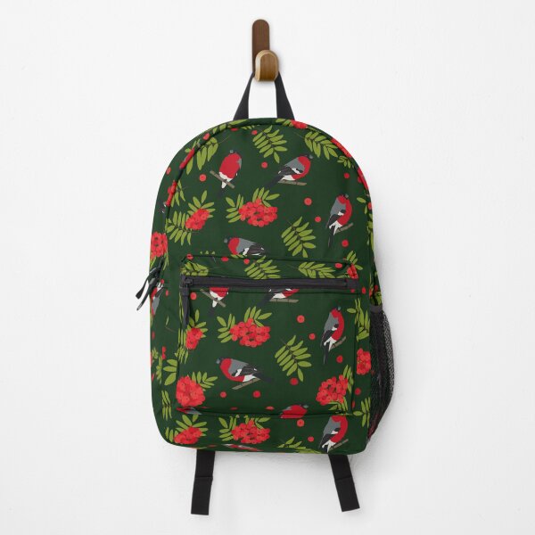 Item preview, Pattern with bullfinch birds, mountain ash fruit and leaves on dark green background designed and sold by MojaDoodles.