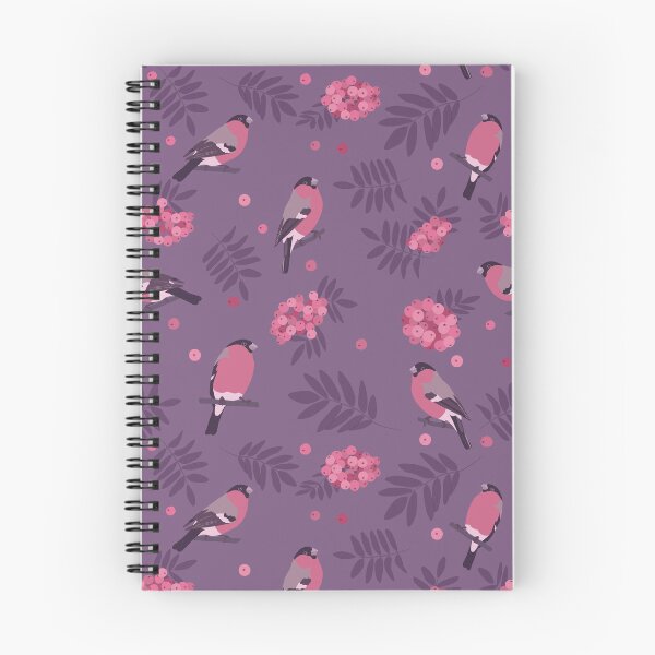 Item preview, Pattern with bullfinch birds, mountain ash fruit and leaves on dark violet background designed and sold by MojaDoodles.