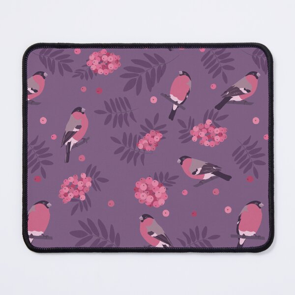 Item preview, Pattern with bullfinch birds, mountain ash fruit and leaves on dark violet background designed and sold by MojaDoodles.
