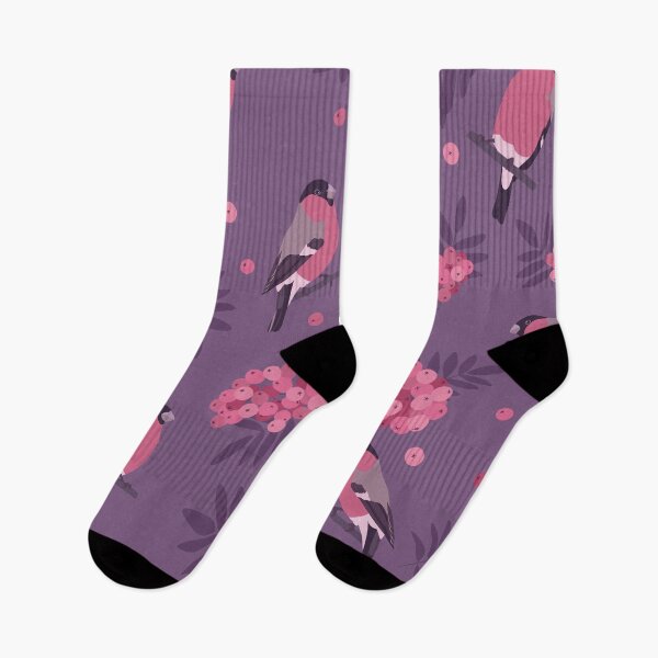 Item preview, Pattern with bullfinch birds, mountain ash fruit and leaves on dark violet background designed and sold by MojaDoodles.
