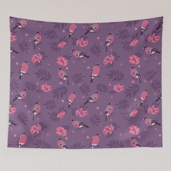 Item preview, Pattern with bullfinch birds, mountain ash fruit and leaves on dark violet background designed and sold by MojaDoodles.