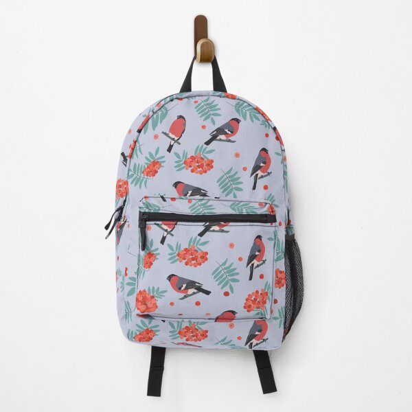 Item preview, Pattern with bullfinch birds, mountain ash fruit and leaves on grey blue background designed and sold by MojaDoodles.
