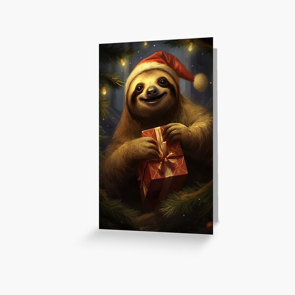 Item preview, Happy Sloth in a Santa Hat about to open a Christmas Present designed and sold by OddCorro.
