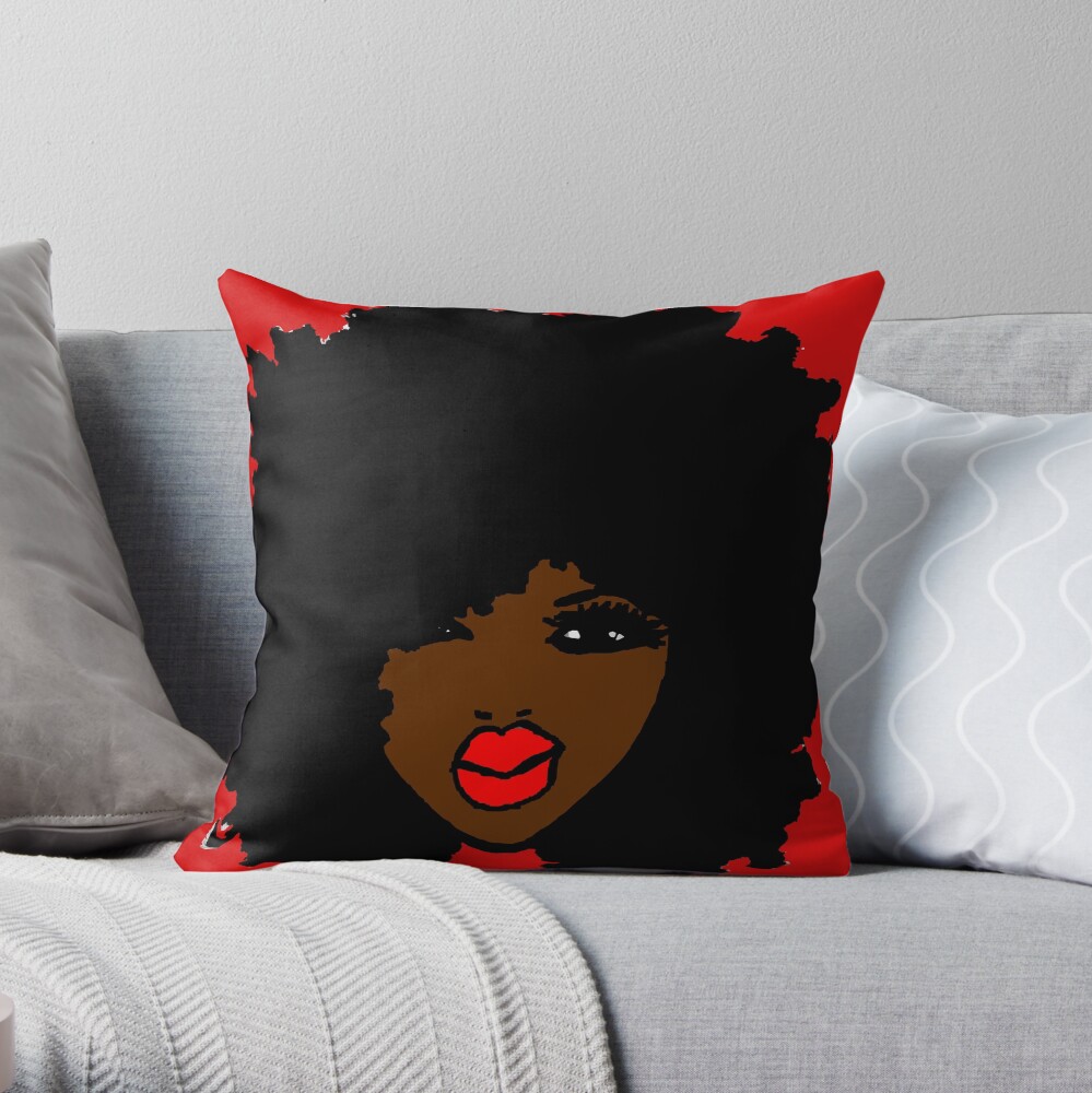 Brown Skin Curly Natural Hair Flower Red Lips Throw Pillow