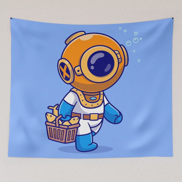 Item preview, Marine Discovery: Cute Diver with Fish Basket Cartoon Vector Icon designed and sold by hjian8219.