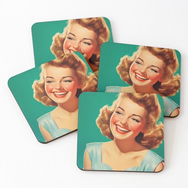 Item preview, Smiling blonde girl in retro vintage advertising style designed and sold by GoldenTimesCafe.