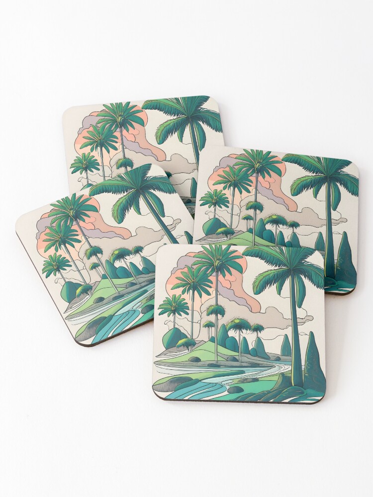 Thumbnail 1 of 5, Coasters (Set of 4), Palm Landscape Ink Drawing designed and sold by Patricks-Art.