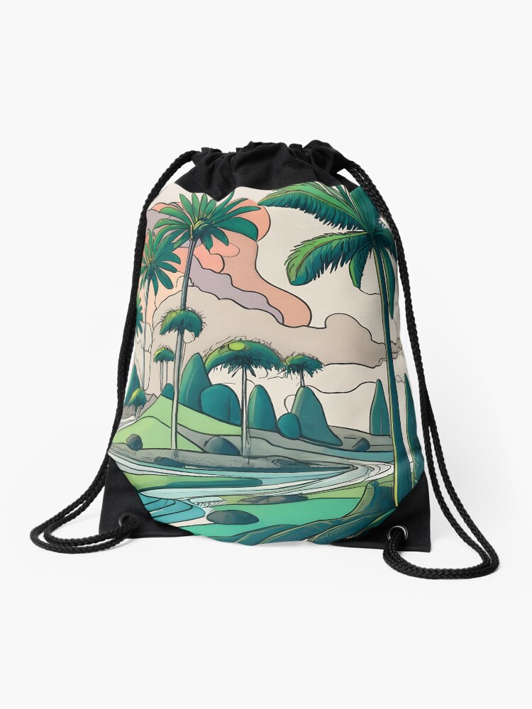 Thumbnail 1 of 3, Drawstring Bag, Palm Landscape Ink Drawing designed and sold by Patricks-Art.