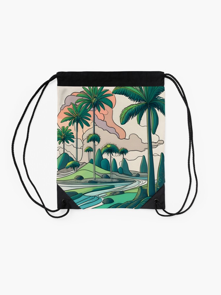 Thumbnail 2 of 3, Drawstring Bag, Palm Landscape Ink Drawing designed and sold by Patricks-Art.