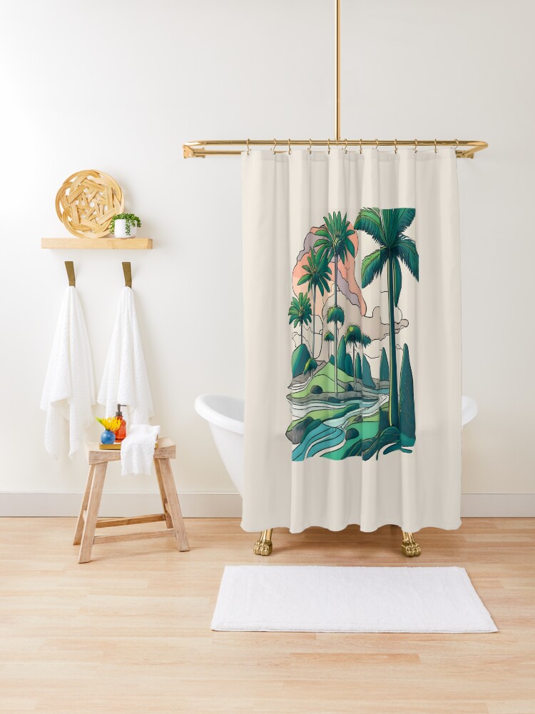 Thumbnail 1 of 5, Shower Curtain, Palm Landscape Ink Drawing designed and sold by Patricks-Art.