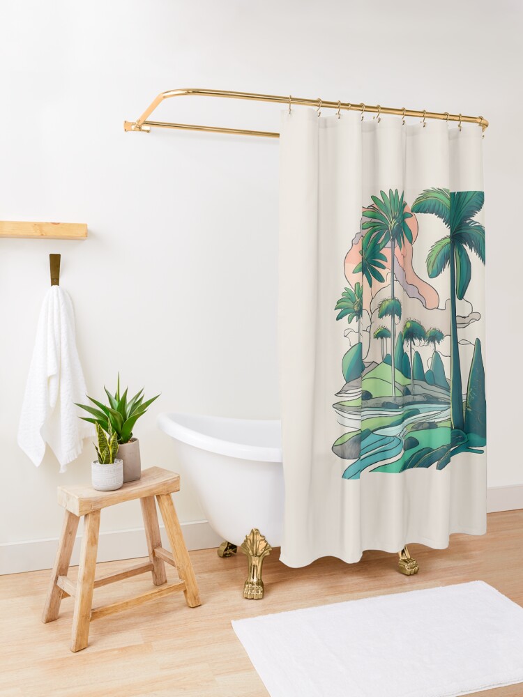 Thumbnail 3 of 5, Shower Curtain, Palm Landscape Ink Drawing designed and sold by Patricks-Art.