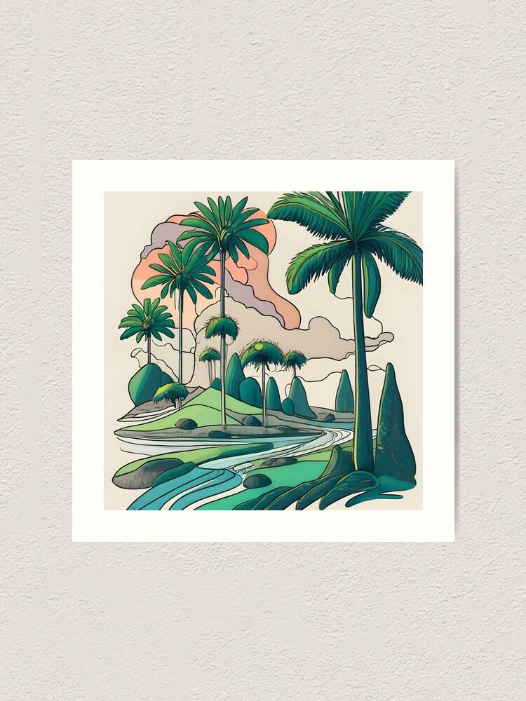 Thumbnail 1 of 3, Art Print, Palm Landscape Ink Drawing designed and sold by Patricks-Art.