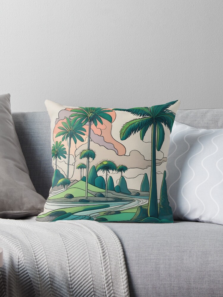 Thumbnail 1 of 4, Pillow, Palm Landscape Ink Drawing designed and sold by Patricks-Art.