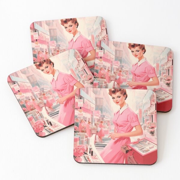 Item preview, Woman in pink dress in retro vintage advertising style from the 50s designed and sold by GoldenTimesCafe.