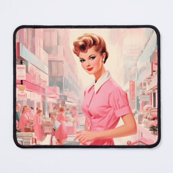 Item preview, Woman in pink dress in retro vintage advertising style from the 50s designed and sold by GoldenTimesCafe.