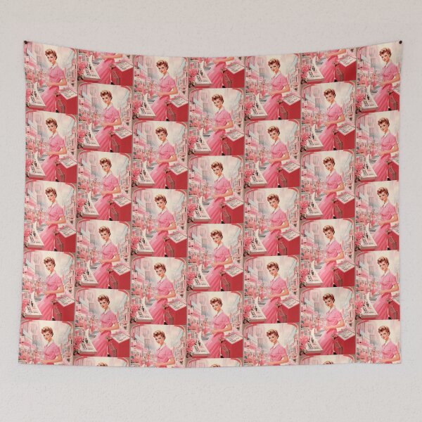 Item preview, Woman in pink dress in retro vintage advertising style from the 50s designed and sold by GoldenTimesCafe.