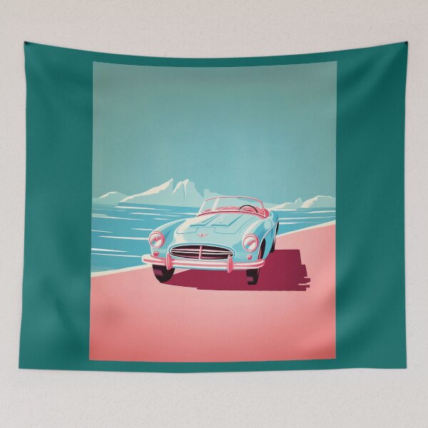Item preview, Classic vintage car on a beach in retro style soft pastel colors illustration designed and sold by GoldenTimesCafe.