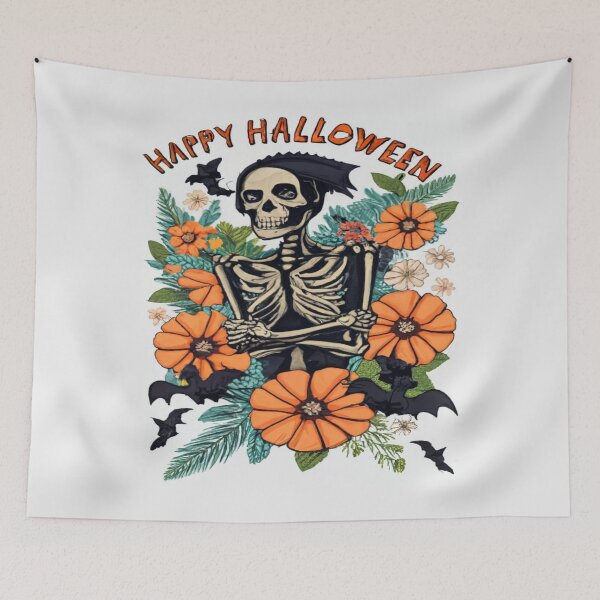 Item preview, Halloween Skeleton Wearing a Hat, Bats, Text "Happy Halloween"  Bold, Colorful designed and sold by BirdsnStuff.