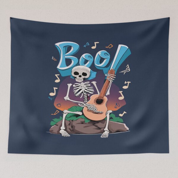 Item preview, Halloween Skeleton Playing a Guitar, Musical Notes, Text "Boo", Bold, Colorful designed and sold by BirdsnStuff.