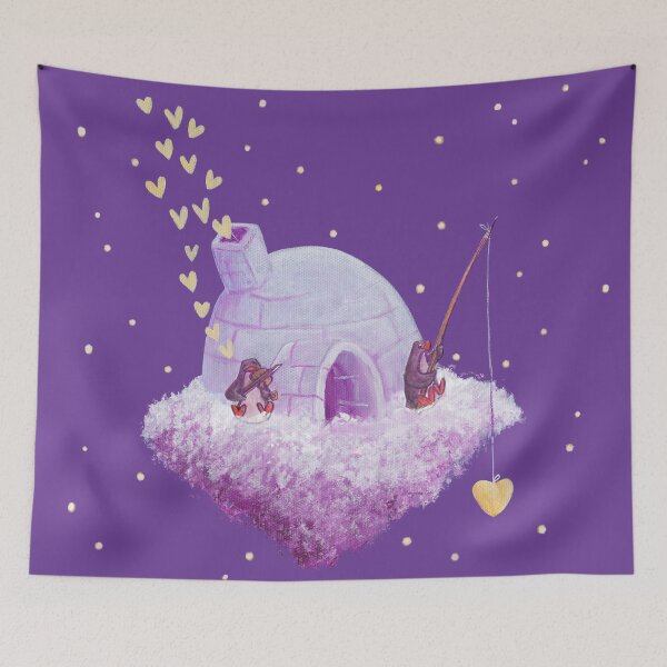 Item preview, Penguin couple and their igloo cloud island in a purple sky. designed and sold by PenguinGirl-Art.