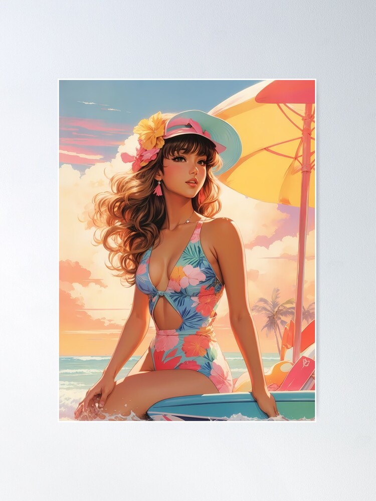 Beach Beauty Stylish 90s Girl Vintage Magazine Cover Poster