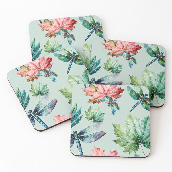 Item preview, Dragonflies with abstract watercolor leaves pattern on light green designed and sold by DariyaDell.