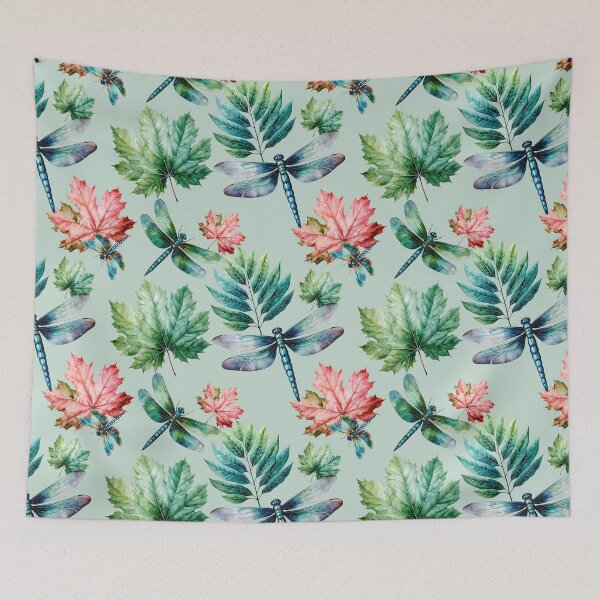 Item preview, Dragonflies with abstract watercolor leaves pattern on light green designed and sold by DariyaDell.
