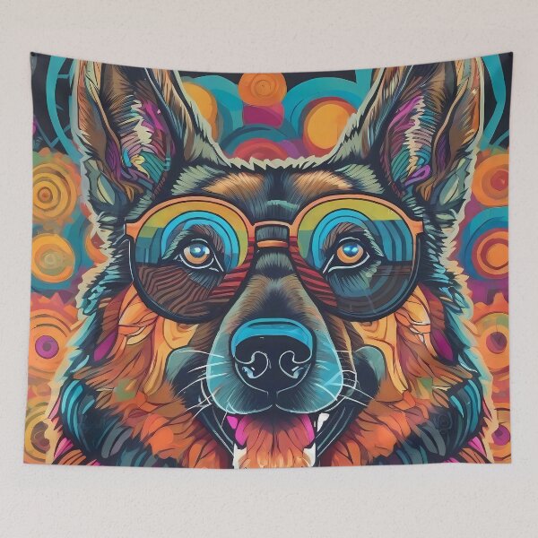Item preview, German Shepherd quirky pop art Halloween scene designed and sold by purrfect pattern.