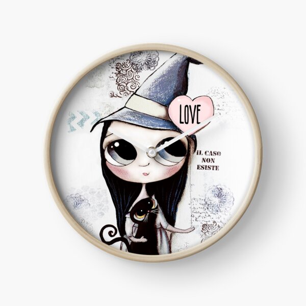 Witch with black hair and black cat and heart of Love Clock