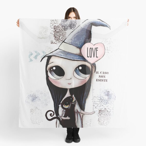 Witch with black hair and black cat and heart of Love Scarf