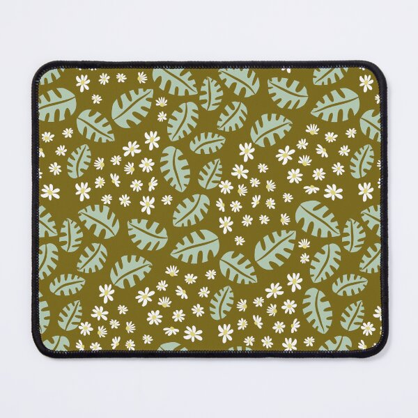 Item preview, Green monstera and white daisies on dark mustard designed and sold by Ingrid Poole.