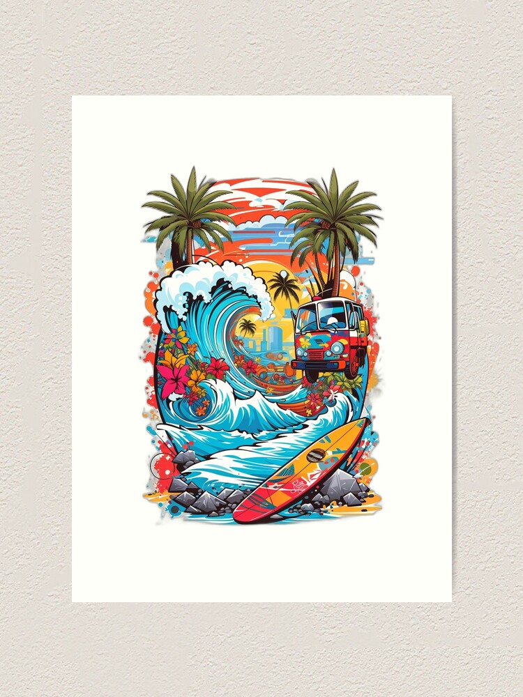 Hippy van surfing the waves, pop art style