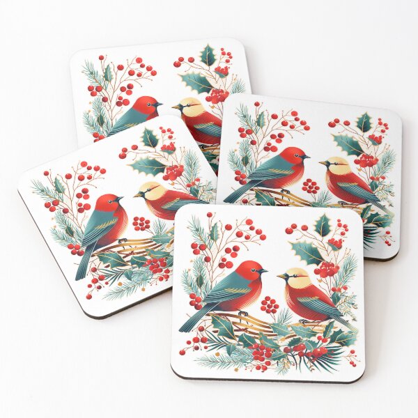Item preview, Two birds nestled in a holiday nest adorned with vibrant red berries designed and sold by MOA-trends.