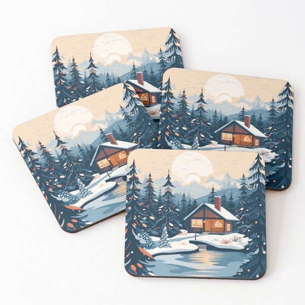Item preview, wood house nestled among snow-covered trees designed and sold by MOA-trends.