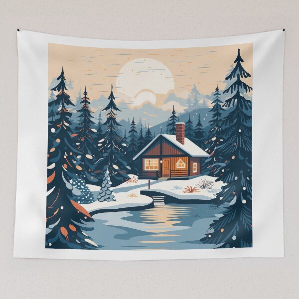 Item preview, wood house nestled among snow-covered trees designed and sold by MOA-trends.